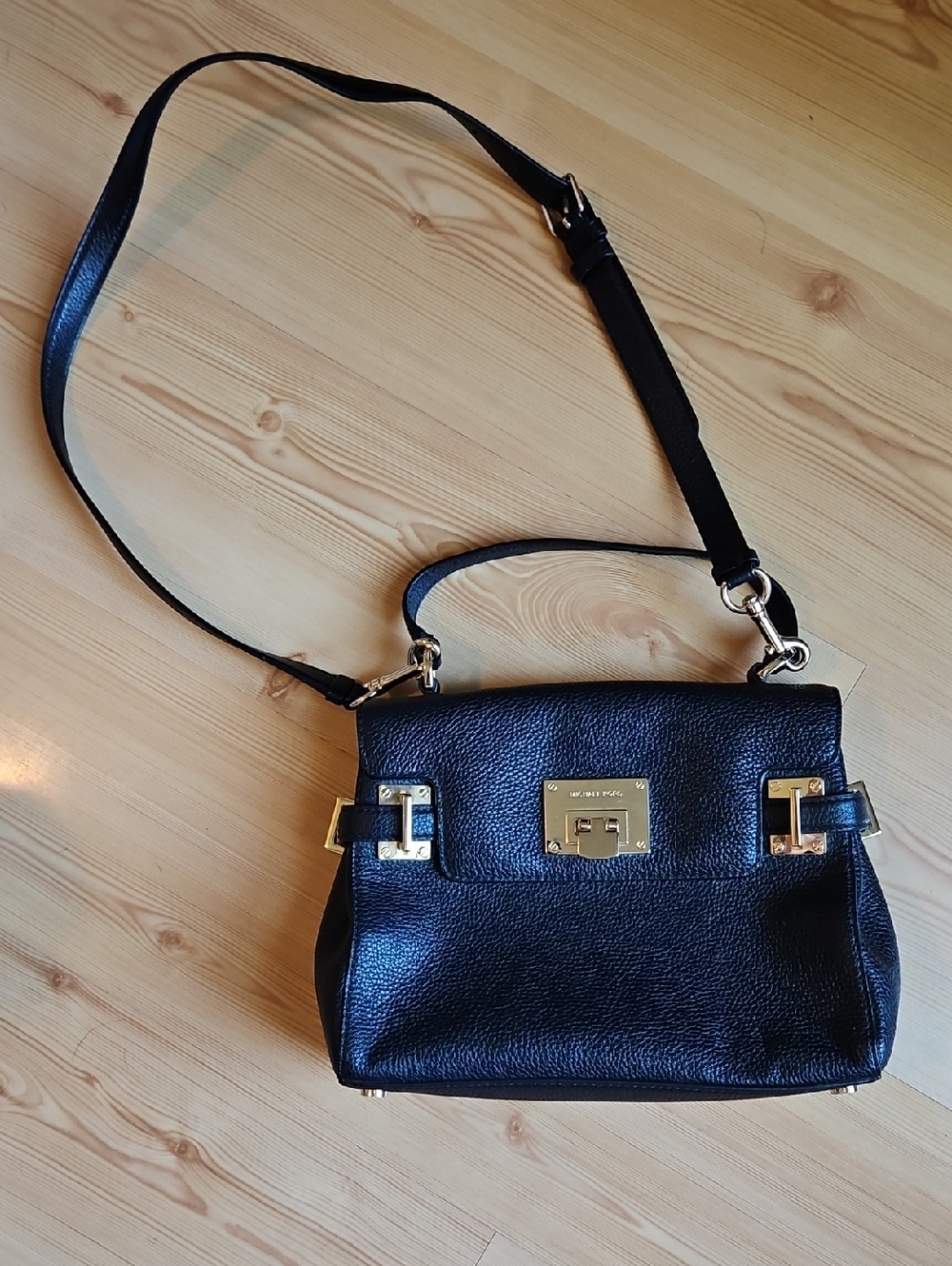 Michael Kors Black Leather Crossbody Bag with Gold-Tone Hardware